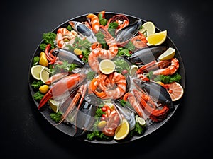 Freshly Cooked Seafood Platter In Dark Background