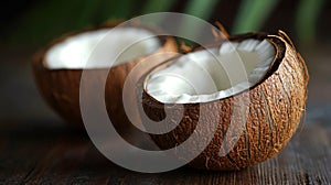 Freshly cracked coconut halves on rustic surface photo