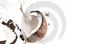 Freshly Cracked Coconut with Milk Splash on a white background