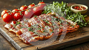 Freshly-cut bacon slab meat, vibrant vegetables, and herbs arranged on a rustic wooden cutting board