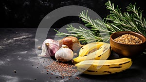 Freshly Cut Banana With Rosemary And Spices On Dark Stone Background