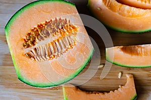 Freshly cut Cantaloupe Melon. Close up photo