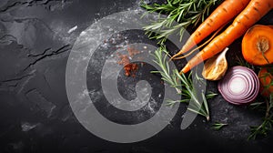 Freshly Cut Carrot With Rosemary And Onion On Dark Stone Background