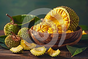 Freshly Cut Durian Fruit in Wooden Bowl Exotic Tropical Delicacy with Textured Rind and Creamy Flesh, Still Life with Green Leaves
