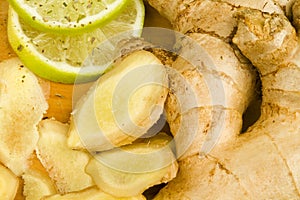 Freshly cut ginger rhizome with lime