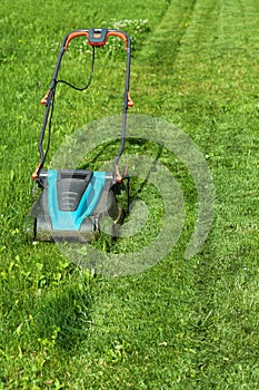 Freshly cut grass strips and blue lawnmower