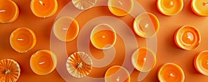 Freshly Cut Halved and Whole Oranges Arranged on Vibrant Orange Background Citrus Fruit Patterns