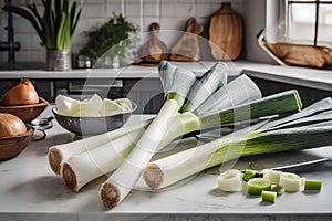 Freshly cut leeks displayed elegantly on a marble counter top, showcasing natural, organic ingredients in a contemporary kitchen