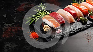 Freshly Cut Sushi With Rosemary And Spices On Dark Stone Background