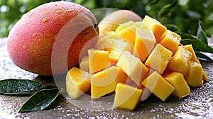 Freshly diced mango cubes beside whole mango
