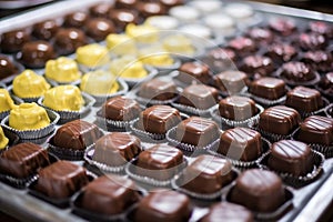 freshly dipped chocolates on setting trays
