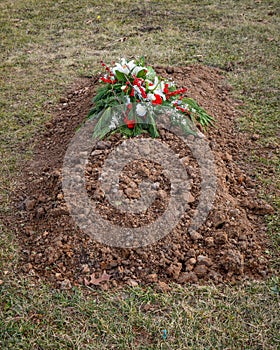 Freshly Dug Grave with Cemetery Flowers on Top of Ground photo