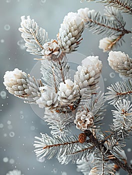 Freshly fallen snow on a pine branch