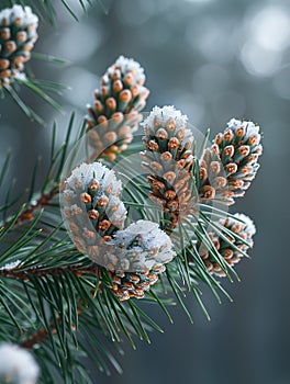 Freshly fallen snow on a pine branch