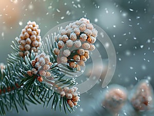 Freshly fallen snow on a pine branch