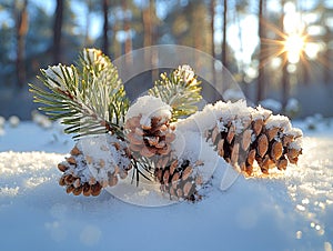 Freshly fallen snow on a pine branch