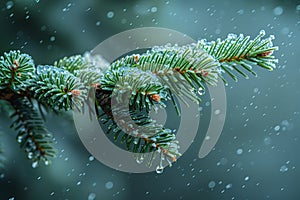 Freshly fallen snow on a pine branch