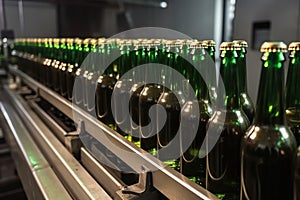 Freshly Filled Beer Bottles On An Industrial Assembly Line - Generative AI