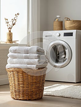 Freshly folded white towels stacked on a wicker basket in bright laundry room with modern front-loading washing machine and