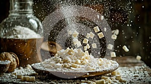 Freshly grated cheese cubes with powdery sprinkle photo