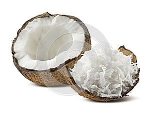 Freshly grated coconut shell half isolated on white background