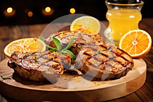 freshly grilled pork chops with orange slices on wooden table
