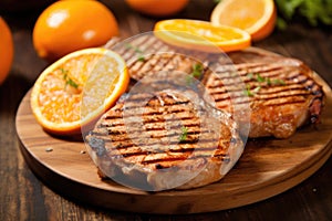 freshly grilled pork chops with orange slices on wooden table