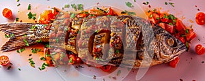 Freshly Grilled Whole Fish with Herbs, Spices, and Tomato Garnish on a White Surface Healthy Seafood Concept