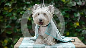 Freshly Groomed Westie in a Cozy Towel. Concept Pet Grooming, Cute Dogs, Cozy Bath Time, Fluffy