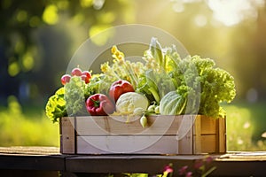 Freshly harvested assortment of vibrant vegetables in a rustic wooden box on a sunlit outdoor table.