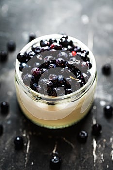 Freshly harvested bilberries with plain greek yogurt in the jar