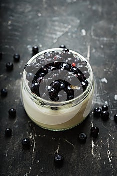 Freshly harvested bilberries with plain greek yogurt in the jar
