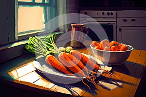 Freshly Harvested Carrots in a Rustic Country Kitchen, Generative AI