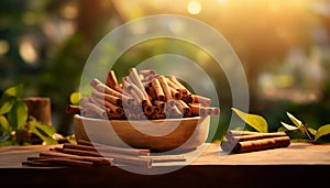 freshly harvested cinnamon sticks and their fragrant leaves