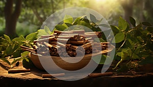 freshly harvested cinnamon sticks and their fragrant leaves