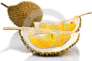 Freshly harvested durian fruit with aromatic and delicious golden yellow soft flesh