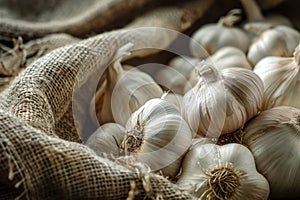 Freshly harvested garlic bulbs on burlap