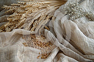 Freshly harvested golden wheat grains and ripe wheat ears on rustic sackcloth fabric background