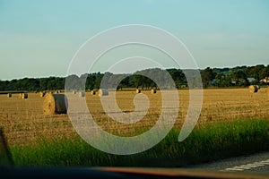 The freshly harvested grain field. Field of freshly bales of hay with beautiful sunset