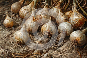 Freshly Harvested Organic Garlic Bulbs Drying in Soil on Farm Agriculture, Healthy Produce