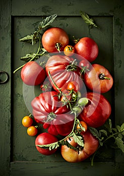 Freshly harvested organic tomatoes on rustic wooden background