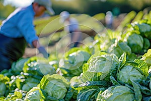 A freshly harvested pile of cabbage lies in a field with working farmers in the background. Harvesting and agriculture. Farming