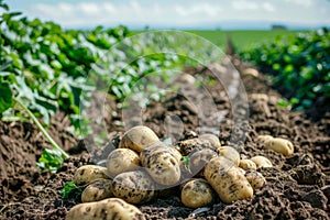 Freshly harvested potatoes in a field