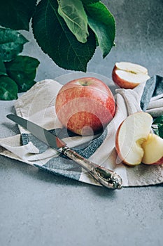 Freshly harvested ripe green red organic apples over napkin or towel and knife on table with copy space.