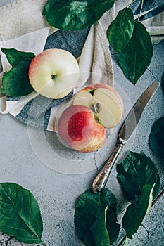 Freshly harvested ripe red organic apples over napkin or towel and knife on table.