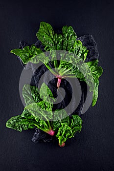 Freshly harvested spinach on dark kitchen plate and napkin