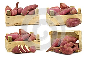 Freshly harvested sweet potatoes in a wooden crate