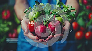 Freshly harvested vegetables cradled in hands, symbolizing healthy and organic food choices.