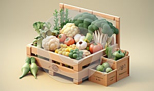 Freshly harvested vegetables in wooden crate