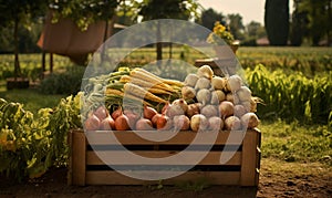 Freshly harvested vegetables in wooden crate